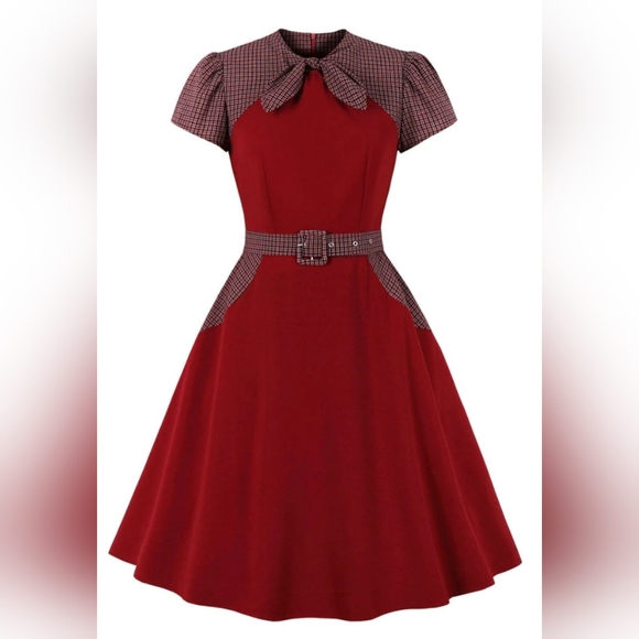 vintage jolly Dresses & Skirts - Wine Red Bow Plaid 1950S Vintage Dress
